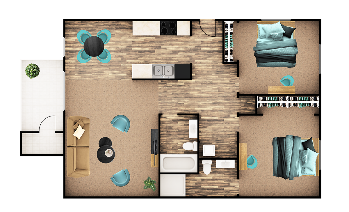 Floor plan for 2 beds, 2 baths, 910 sqft